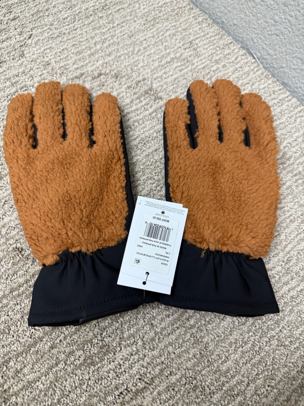 UGG Black and Brown Insulated Sherpa Leather-Trim Gloves